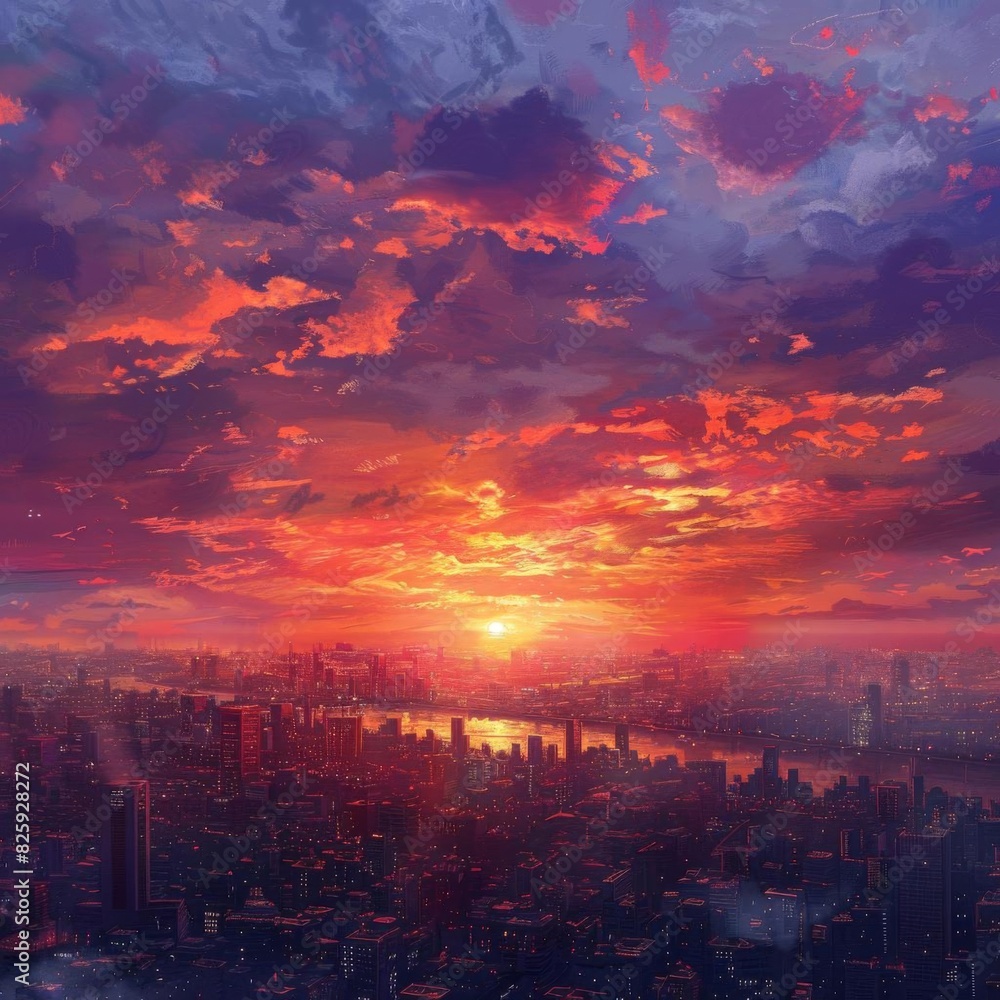 Obraz premium Stunning sunset over a city skyline with vibrant clouds and reflections on a river, creating a breathtaking urban landscape.