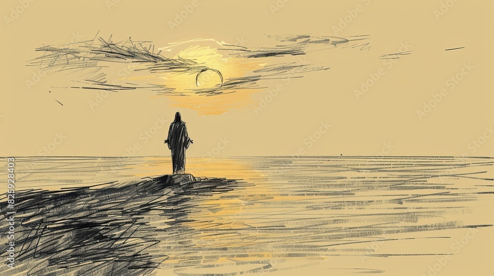 Jesus's Silhouette at Sunset, a Serene Biblical Illustration of Faith and Peace