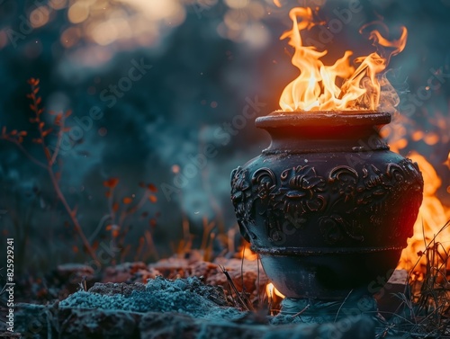 cremation of the body. funeral. burning the body after death. an urn with ashes stands next to the embalmed body. realistic photo. --ar 4:3 Job ID: 18059a96-e34a-49b6-b00f-0da71ed0f755 photo