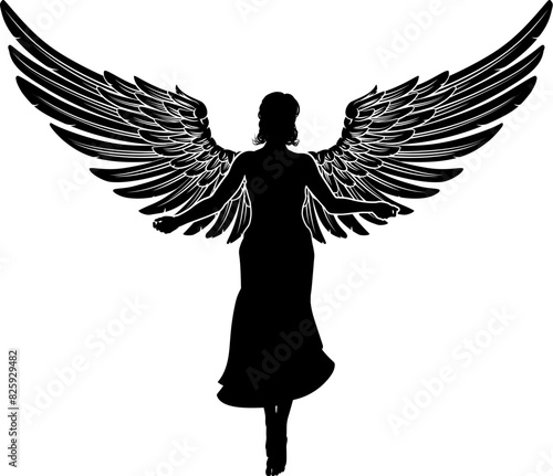 A flying female angel woman with feather wings silhouette