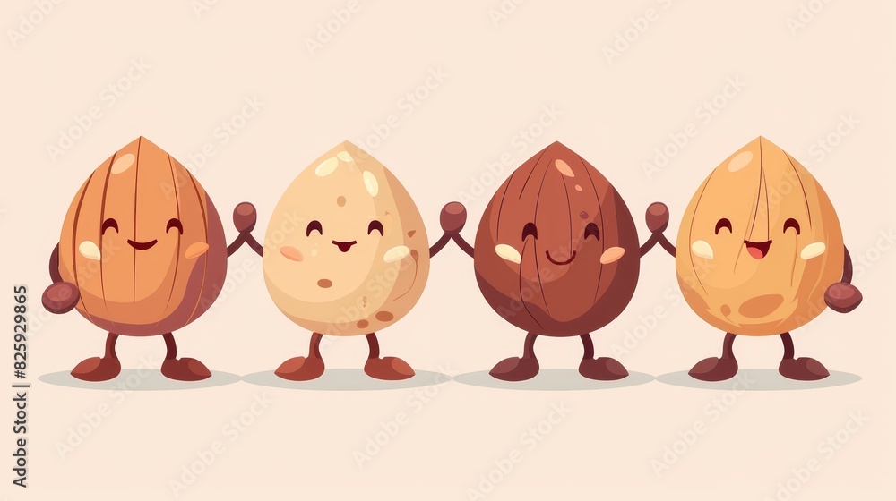 Best friends, macadamia, almonds, and cashews hold hands in a cartoon flat style. Modern isolated. Best friends, macadamia, almonds, and cashews hold hands in a cartoon flat style. Modern isolated.