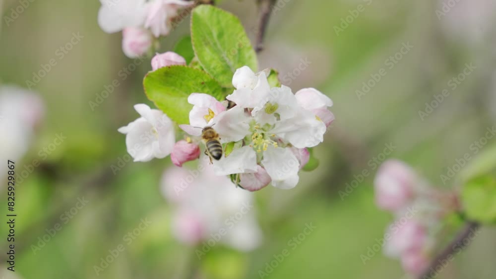 A bee collects nectar from apple tree flowers in spring, slow motion A bee collects nectar from apple tree flowers in spring, slow motion