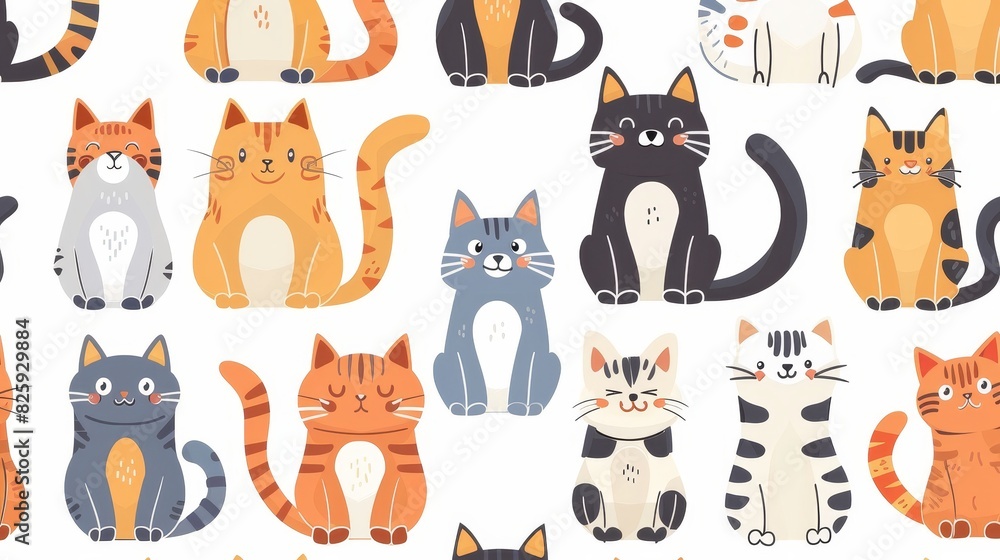 Poster with cartoon cat characters. Seamless pattern with different poses and emotions. Flat color simple style design.