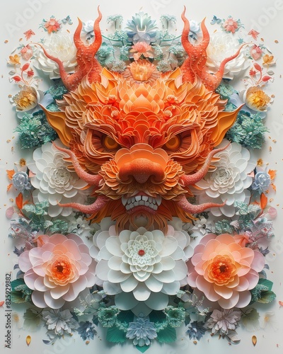 Intricate paper art featuring a vibrant dragon head surrounded by colorful flowers  showcasing detailed craftsmanship and stunning design.