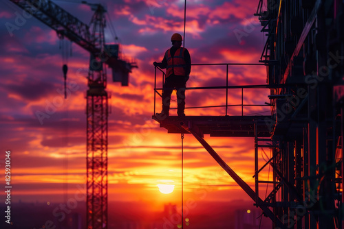 A construction worker is standing on a scaffold overlooking a construction site