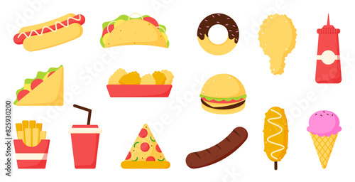 Flat unhealthy junk food icon illustration fast food sticker printable