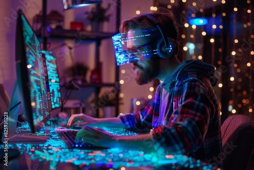Man wearing virtual reality headset working on futuristic computer technology in dark room with neon lights and code on screen.