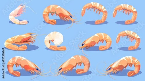 An illustrated set of prawns cartoon icons on a blue background with various models.