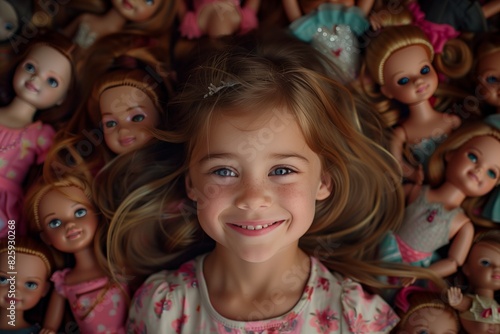 Happy young girl surrounded by her plastic fashion dolls lot of toys, littered with a happy dream view from above.