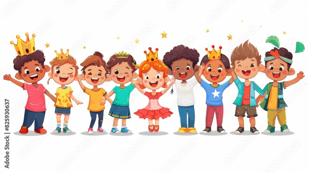 Isolated white background with multicultural children smiling and waving their hands. Funny cartoon character. Modern illustration. Isolated white background with multicultural children smiling and waving their hands. Funny cartoon character. Modern illustration.