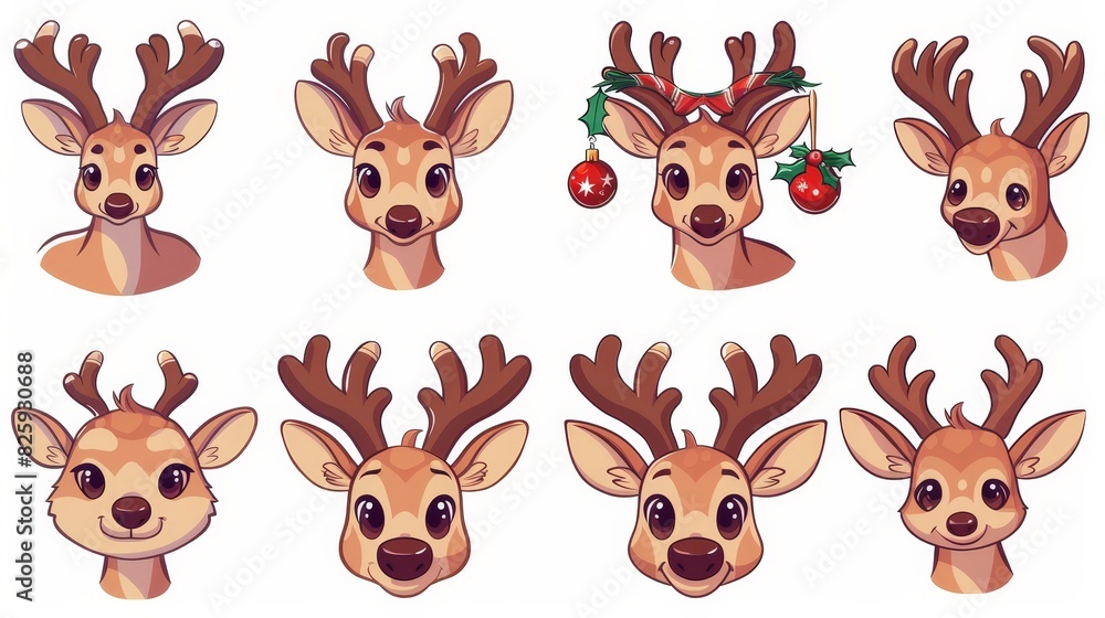 The set consists of a cute cartoon reindeer face with a Christmas decoration. Animated illustrations. Isolated on a white background. The set consists of a cute cartoon reindeer face with a Christmas decoration. Animated illustrations. Isolated on a white background.