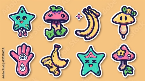 Cartoon stickers with quirky comic figures and gloved hands. Abstract shapes with banana, star and mushroom badges.