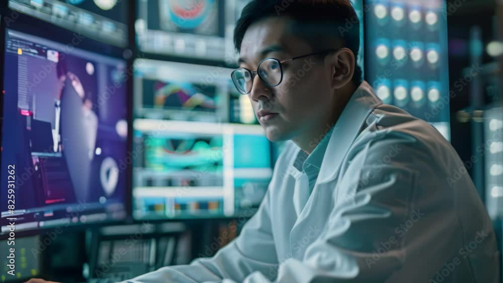 A man in a lab coat studying the latest malware on a computer, A cybersecurity researcher studying the latest malware threats A man in a lab coat studying the latest malware on a computer, A cybersecurity researcher studying the latest malware threats