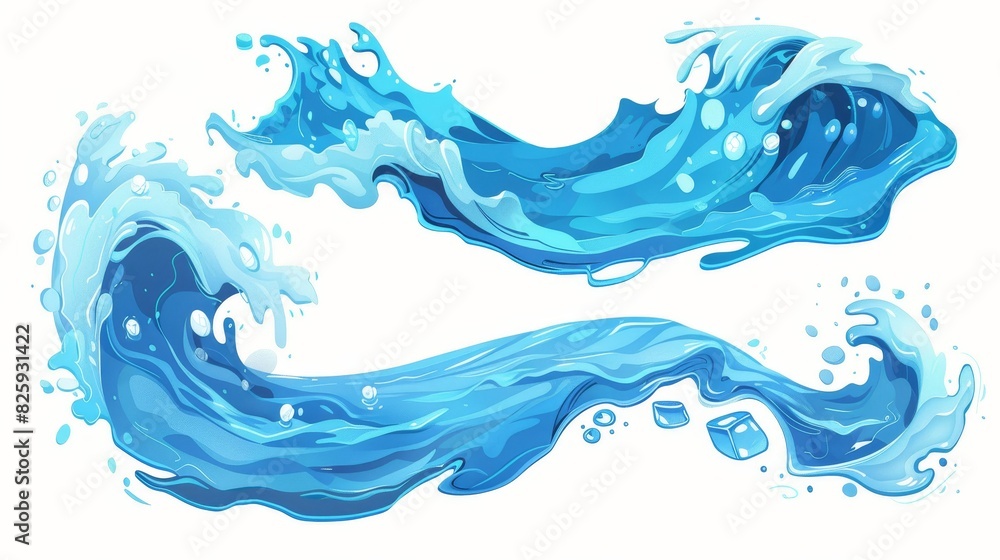 Isolated horizontal waves of blue water in side view, 30 cartoon ocean waves, composition of waves, stream of clean fresh water Isolated horizontal waves of blue water in side view, 30 cartoon ocean waves, composition of waves, stream of clean fresh water