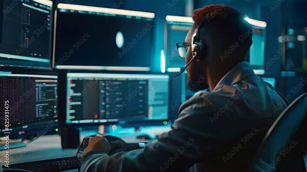 A man is training employees on cybersecurity at a desk with multiple computer monitors, A cybersecurity specialist training employees on cybersecurity awareness A man is training employees on cybersecurity at a desk with multiple computer monitors, A cybersecurity specialist training employees on cybersecurity awareness