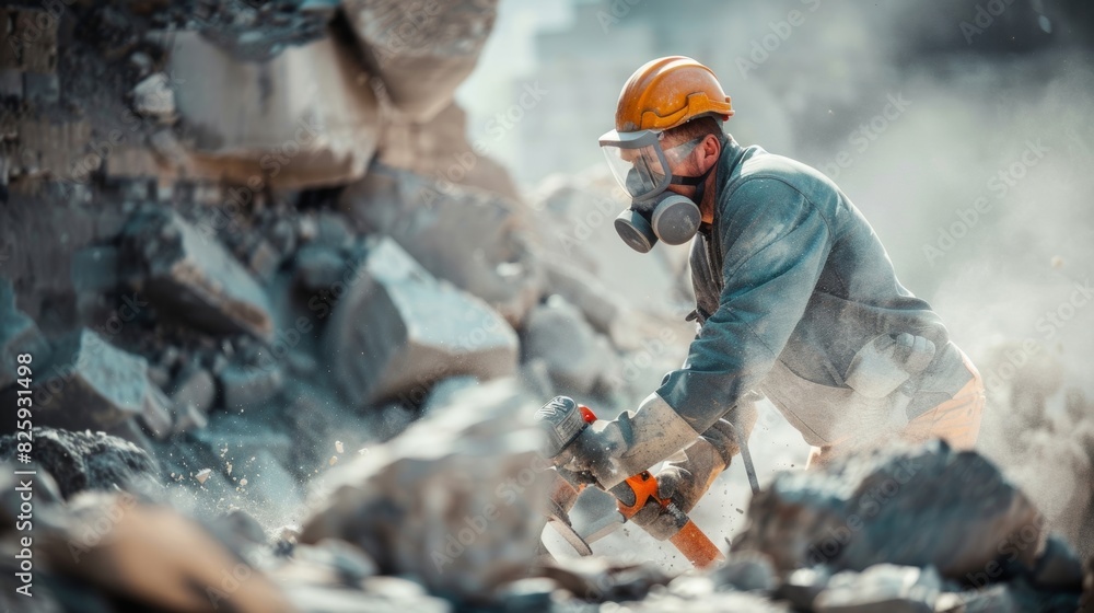 A worker is seen wearing protective glasses and a face mask while using a jackhammer to break apart rocks following proper safety measures to avoid dust and debris inhalation. A worker is seen wearing protective glasses and a face mask while using a jackhammer to break apart rocks following proper safety measures to avoid dust and debris inhalation.