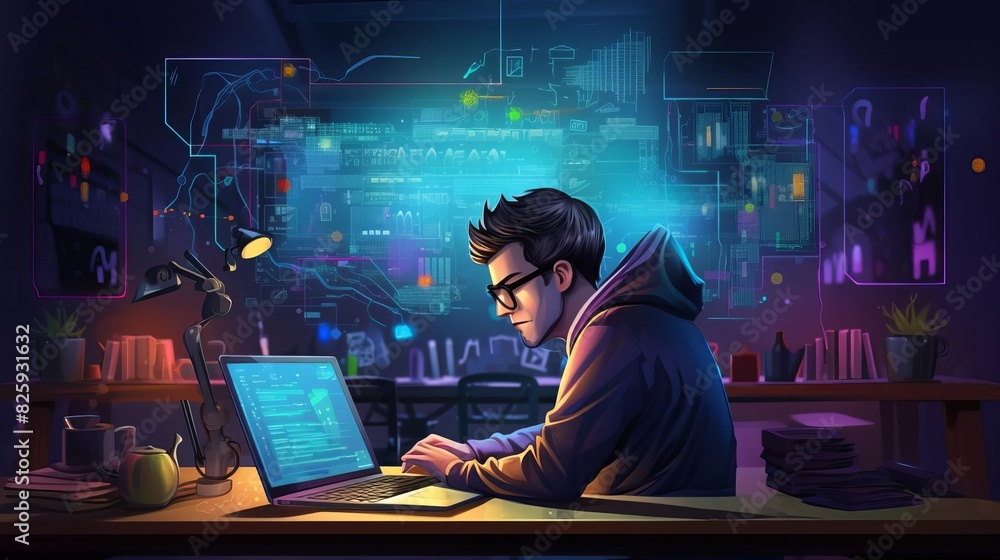 A focused programmer works late into the night, surrounded by code and gadgets, illuminated by the glow of computer screens in a modern workspace. A focused programmer works late into the night, surrounded by code and gadgets, illuminated by the glow of computer screens in a modern workspace.