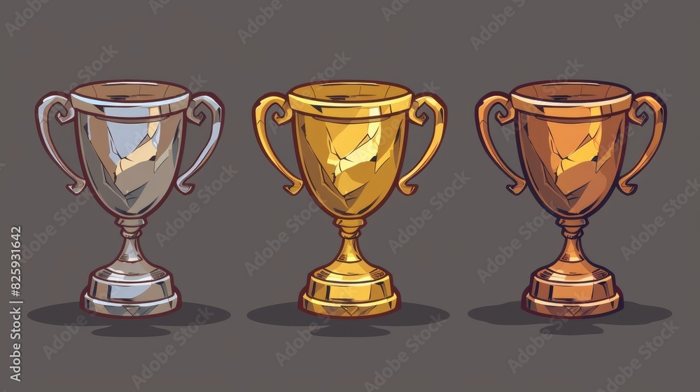 An icon collection of gold, silver, and bronze trophy cartoons. The first place champion trophy cup in flat style. Modern flat outline icon. An icon collection of gold, silver, and bronze trophy cartoons. The first place champion trophy cup in flat style. Modern flat outline icon.