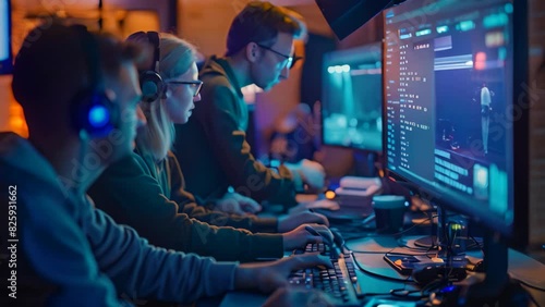 Group of individuals sitting together, examining data on a computer screen to respond to a cybersecurity incident, A cybersecurity team responding to a cyber incident in real time photo