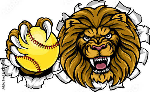 A lion animal softball sports team cartoon mascot