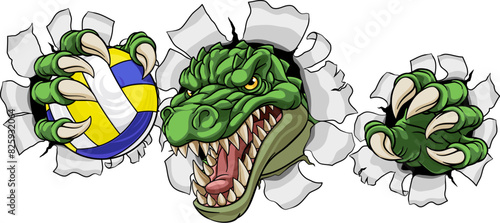 An alligator, crocodile or dinosaur volleyball animal sports mascot holding a volley ball in his claw