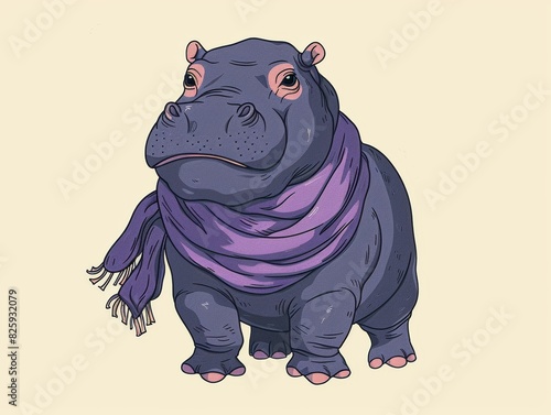 Cute illustrated hippo wearing a purple scarf, standing on a plain background. Perfect for design projects and stock illustrations. photo