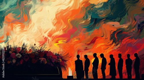 Abstract background with muted, somber tones and flowing lines, featuring silhouettes of people gathered at a funeral ceremony and a casket with flowers