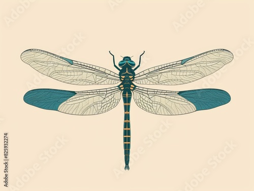 Detailed illustration of a dragonfly with intricate wings, showcasing nature's beauty and symmetry on a plain background.