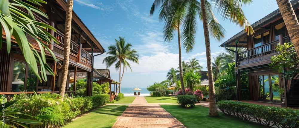 Tropical resort pathway with lush palm trees leading to a pristine beach, clear skies, and tranquil ocean waters.