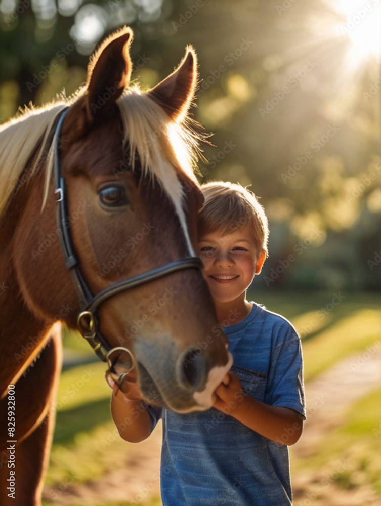 Obraz premium Portrait of happy little boy with a horse on a nice summer day. Interacting with horses encourages emotional bonding and can help children develop trust, empathy, confidence and help reduce anxiety