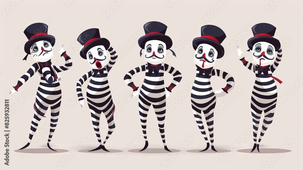 This is a modern illustration of a set of funny cartoon mimes standing ...