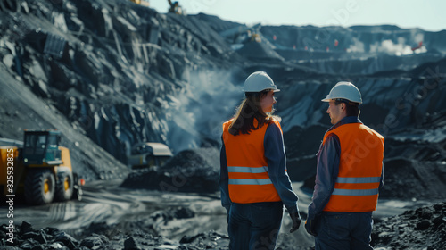 Road construction, quarry development. Two workers in orange vests and white helmets stand in front of a large pile of coal