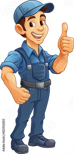 A painter, handyman, mechanic, plumber or other construction cartoon mascot man in overall dungarees. Giving a thumbs up.