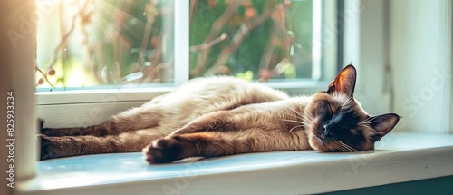 Siamese cat lounging on a sunny windowsill , with copy space for text photo