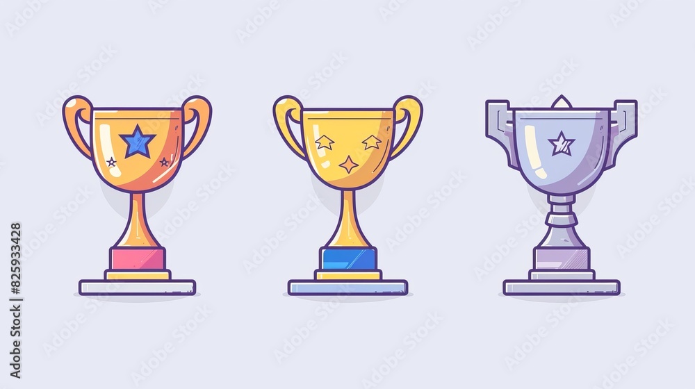 A collection of cartoon icons representing gold, silver, and bronze trophies. This is a pair of flat outlines with gold, silver, and bronze trophies. A collection of cartoon icons representing gold, silver, and bronze trophies. This is a pair of flat outlines with gold, silver, and bronze trophies.