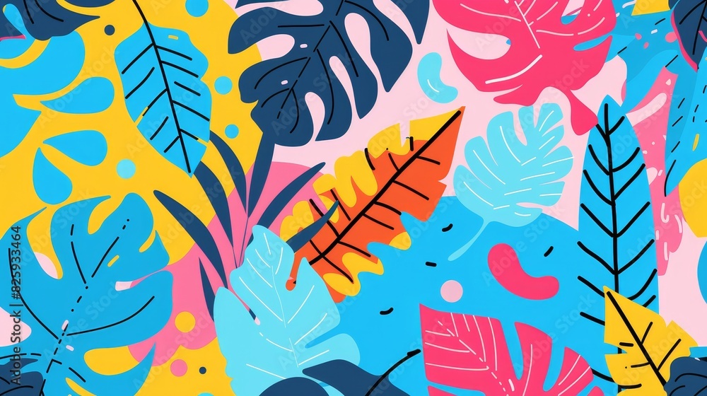 A tropical nature seamless pattern with colorful freehand drawings. Modern flat cartoon background with simple random shapes in bright trendy colors. A tropical nature seamless pattern with colorful freehand drawings. Modern flat cartoon background with simple random shapes in bright trendy colors.