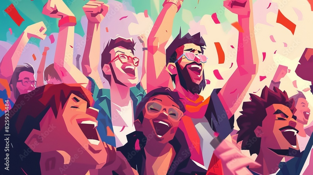 People raising their fists in excitement as they celebrate victory. Generative art illustration. People raising their fists in excitement as they celebrate victory. Generative art illustration.