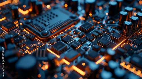 A close-up of a computer chip with lots of orange and yellow lights. The concept of complexity and intricacy, as well as advanced technologies