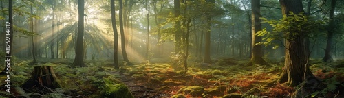 Forest awakening at dawn, sunlight and dew combine to create a fresh, invigorating atmosphere photo