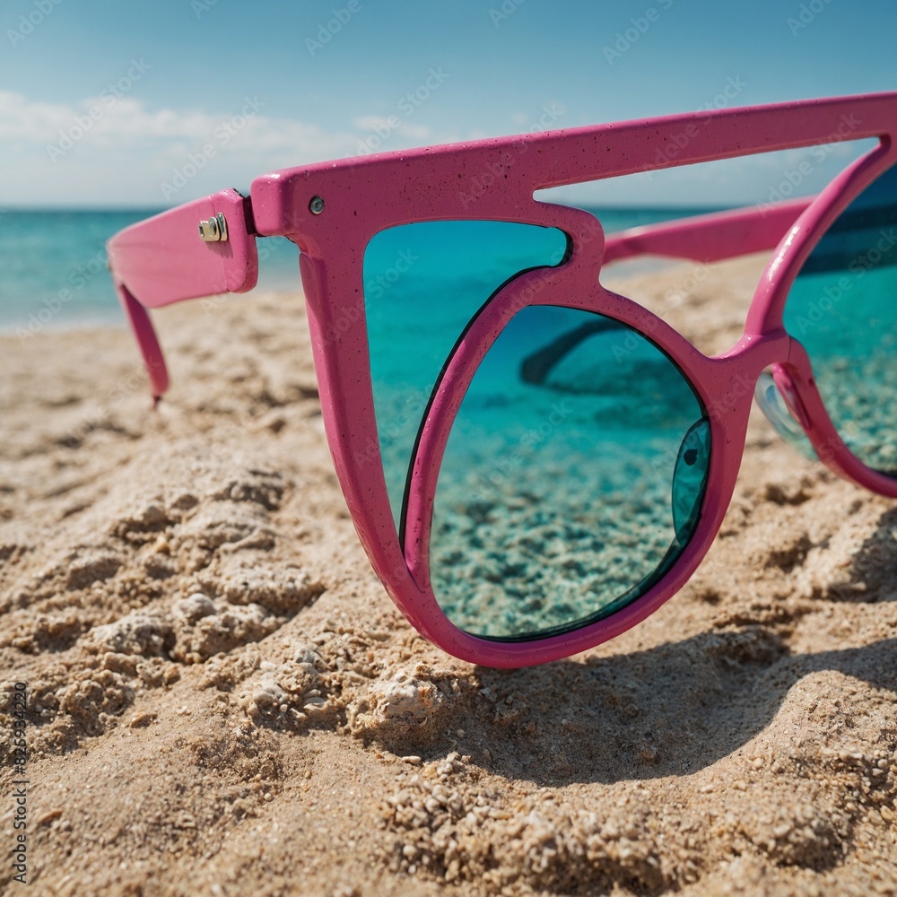 Pink and turquoise sunglasses on the beach.
Pink and turquoise sunglasses on the beach.
