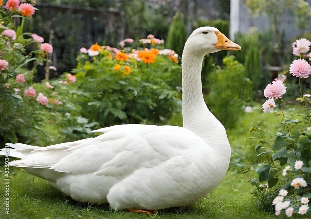 Beautiful white goose in the garden. Beautiful white goose in the garden.