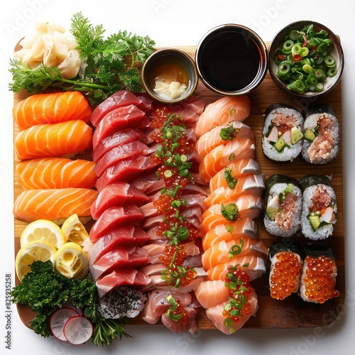 a mixed sushi platter, evoking raw sashimi, presented in a colorful arrangement, well decorated and deliciously appetizing photo