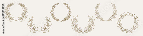 Laurel wreaths set. Elegant floral vintage round frames with branches and leaves. Vector illustration hand drawn in line art style