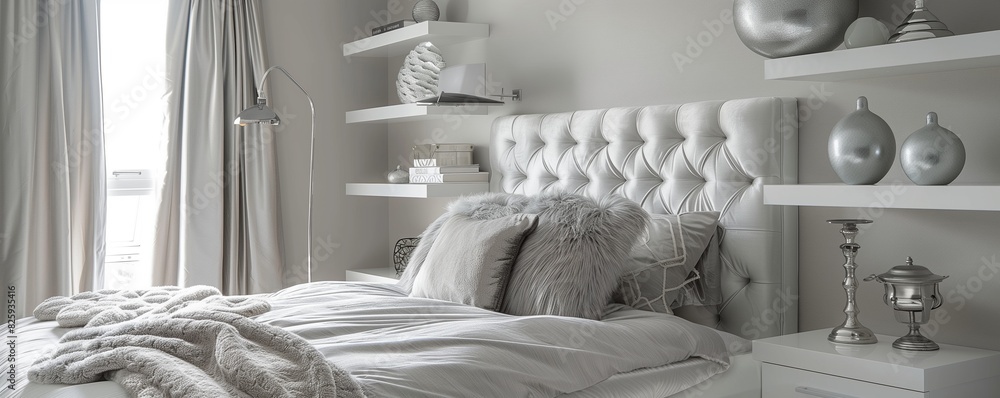 A contemporary bedroom with walls in a soft A contemporary bedroom with walls in a soft