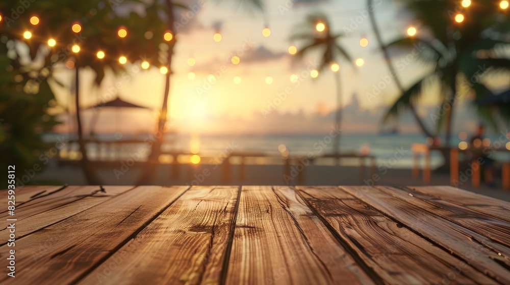 Smooth wooden table surface, blurry beach restaurant setting, soft hues of sunset sky and twinkling lights, serene evening vibe