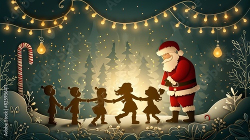 Santa Claus with children holding hands, paper cut style, festive village scene, layered paper texture, warm holiday colors photo