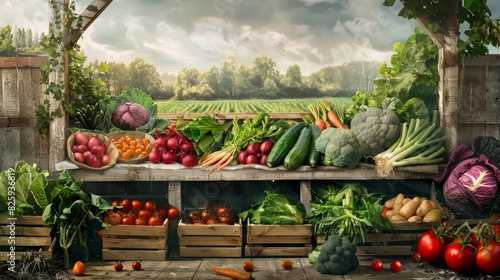 Organic farm produce market with fresh vegetables --ar 16:9 Job ID: 681870a0-31d5-47ff-919f-0fe119b2e912 photo