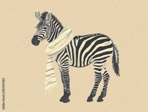 Illustration of a zebra wearing a cream-colored scarf against a beige background  showcasing stylish and whimsical character.
