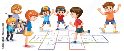Kids enjoying hopscotch game on a sunny day