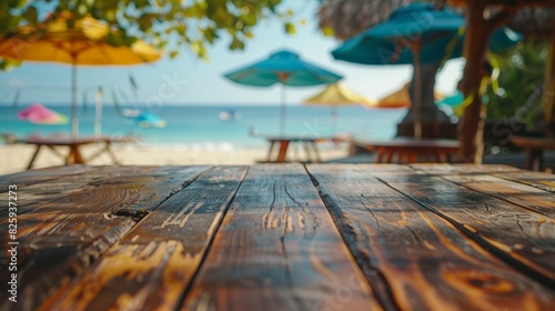 Rustic wooden table, blurred beach restaurant scene, hint of colorful umbrellas and seaside, gentle breeze, natural lighting